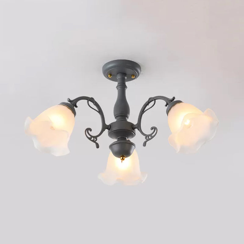 3/5 Bulbs Ruffled Adjustable Semi Flush American Flower Grey/Blue/Green Matte Glass Ceiling Mount Chandelier Clearhalo 'Ceiling Lights' 'Close To Ceiling Lights' 'Close to ceiling' 'Glass shade' 'Glass' 'Semi-flushmount' Lighting' 874551