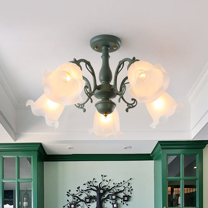 3/5 Bulbs Ruffled Adjustable Semi Flush American Flower Grey/Blue/Green Matte Glass Ceiling Mount Chandelier Clearhalo 'Ceiling Lights' 'Close To Ceiling Lights' 'Close to ceiling' 'Glass shade' 'Glass' 'Semi-flushmount' Lighting' 874553