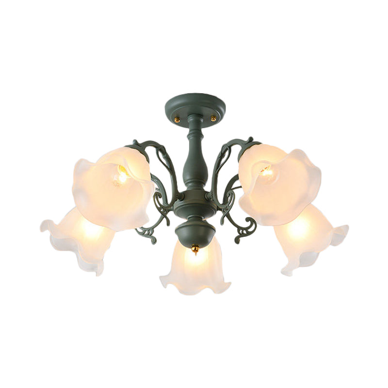 3/5 Bulbs Ruffled Adjustable Semi Flush American Flower Grey/Blue/Green Matte Glass Ceiling Mount Chandelier Clearhalo 'Ceiling Lights' 'Close To Ceiling Lights' 'Close to ceiling' 'Glass shade' 'Glass' 'Semi-flushmount' Lighting' 874554