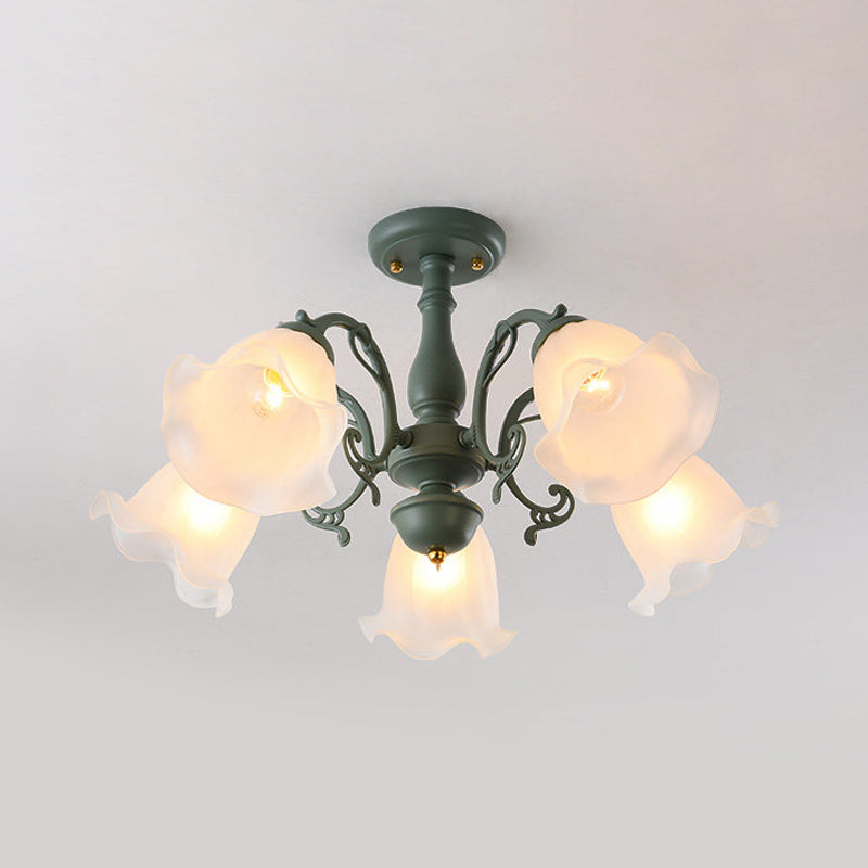 3/5 Bulbs Ruffled Adjustable Semi Flush American Flower Grey/Blue/Green Matte Glass Ceiling Mount Chandelier Clearhalo 'Ceiling Lights' 'Close To Ceiling Lights' 'Close to ceiling' 'Glass shade' 'Glass' 'Semi-flushmount' Lighting' 874555