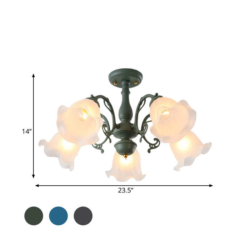 3/5 Bulbs Ruffled Adjustable Semi Flush American Flower Grey/Blue/Green Matte Glass Ceiling Mount Chandelier Clearhalo 'Ceiling Lights' 'Close To Ceiling Lights' 'Close to ceiling' 'Glass shade' 'Glass' 'Semi-flushmount' Lighting' 874556