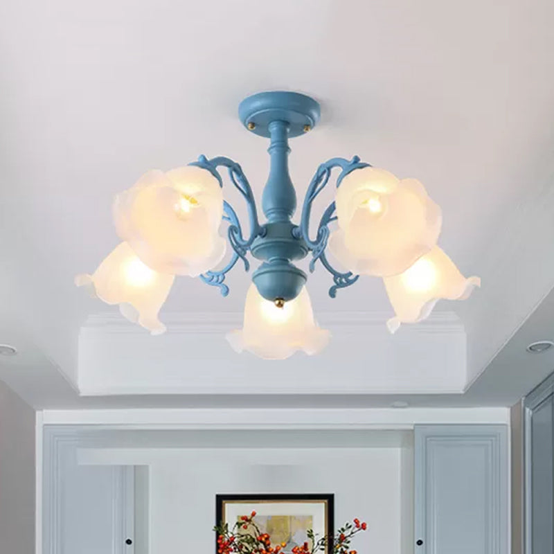 3/5 Bulbs Ruffled Adjustable Semi Flush American Flower Grey/Blue/Green Matte Glass Ceiling Mount Chandelier Clearhalo 'Ceiling Lights' 'Close To Ceiling Lights' 'Close to ceiling' 'Glass shade' 'Glass' 'Semi-flushmount' Lighting' 874558