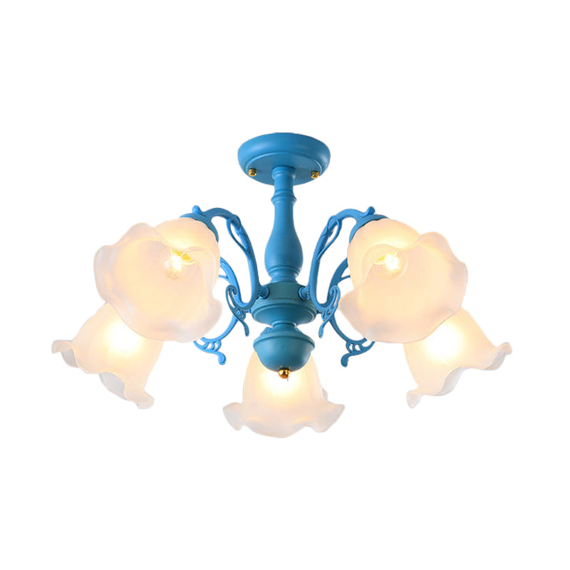 3/5 Bulbs Ruffled Adjustable Semi Flush American Flower Grey/Blue/Green Matte Glass Ceiling Mount Chandelier Clearhalo 'Ceiling Lights' 'Close To Ceiling Lights' 'Close to ceiling' 'Glass shade' 'Glass' 'Semi-flushmount' Lighting' 874559