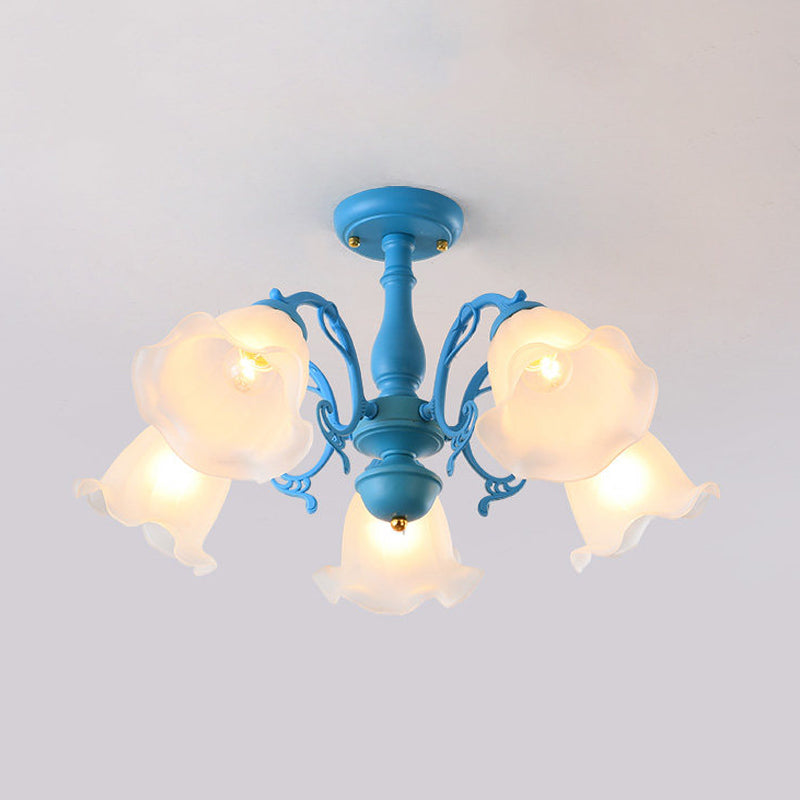 3/5 Bulbs Ruffled Adjustable Semi Flush American Flower Grey/Blue/Green Matte Glass Ceiling Mount Chandelier Clearhalo 'Ceiling Lights' 'Close To Ceiling Lights' 'Close to ceiling' 'Glass shade' 'Glass' 'Semi-flushmount' Lighting' 874560
