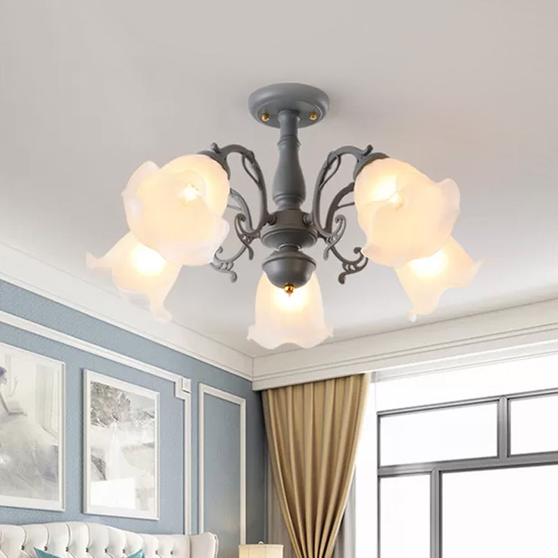 3/5 Bulbs Ruffled Adjustable Semi Flush American Flower Grey/Blue/Green Matte Glass Ceiling Mount Chandelier Clearhalo 'Ceiling Lights' 'Close To Ceiling Lights' 'Close to ceiling' 'Glass shade' 'Glass' 'Semi-flushmount' Lighting' 874562