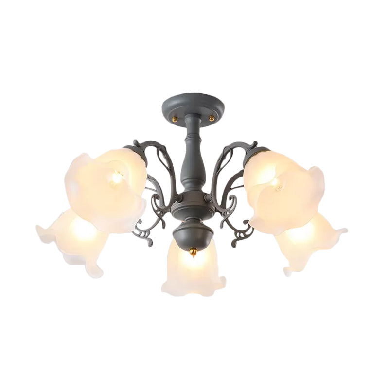 3/5 Bulbs Ruffled Adjustable Semi Flush American Flower Grey/Blue/Green Matte Glass Ceiling Mount Chandelier Clearhalo 'Ceiling Lights' 'Close To Ceiling Lights' 'Close to ceiling' 'Glass shade' 'Glass' 'Semi-flushmount' Lighting' 874563