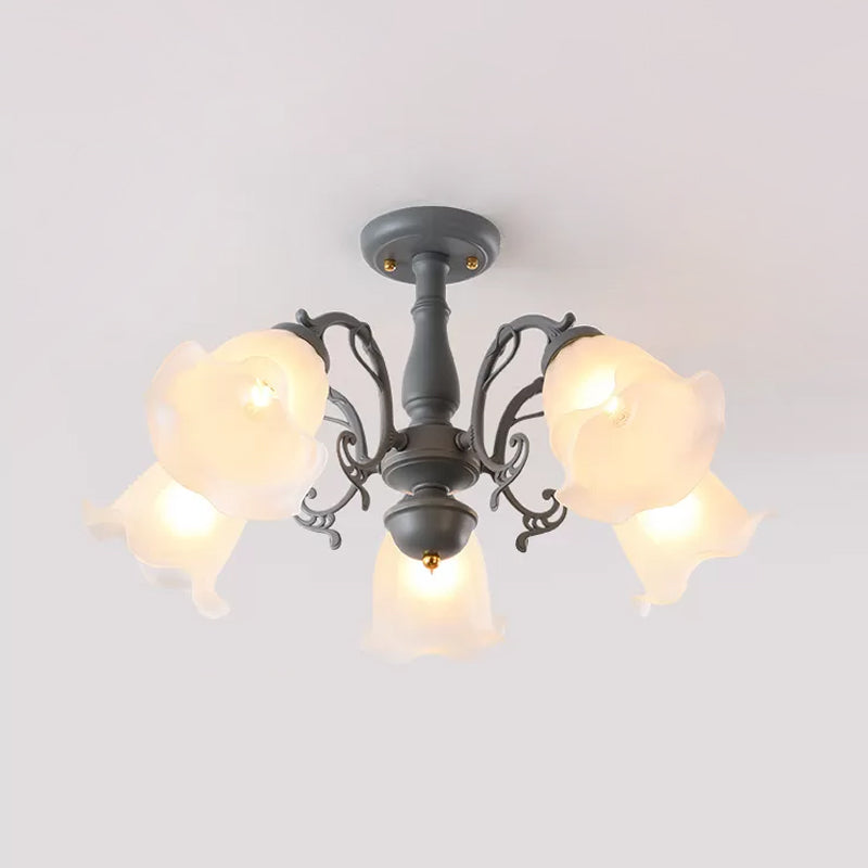 3/5 Bulbs Ruffled Adjustable Semi Flush American Flower Grey/Blue/Green Matte Glass Ceiling Mount Chandelier Clearhalo 'Ceiling Lights' 'Close To Ceiling Lights' 'Close to ceiling' 'Glass shade' 'Glass' 'Semi-flushmount' Lighting' 874564