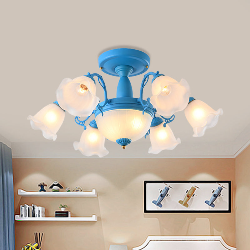 8/11-Head Semi Flush Chandelier Korean Garden Parlor Ceiling Light with Rotating Bell Frosted Glass Shade in Grey/Blue 8 Blue Clearhalo 'Ceiling Lights' 'Close To Ceiling Lights' 'Close to ceiling' 'Glass shade' 'Glass' 'Pendant Lights' 'Semi-flushmount' Lighting' 874579