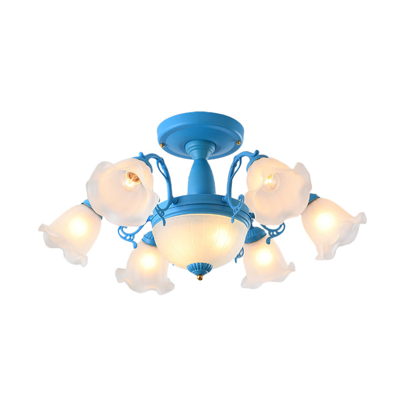8/11-Head Semi Flush Chandelier Korean Garden Parlor Ceiling Light with Rotating Bell Frosted Glass Shade in Grey/Blue Clearhalo 'Ceiling Lights' 'Close To Ceiling Lights' 'Close to ceiling' 'Glass shade' 'Glass' 'Pendant Lights' 'Semi-flushmount' Lighting' 874580
