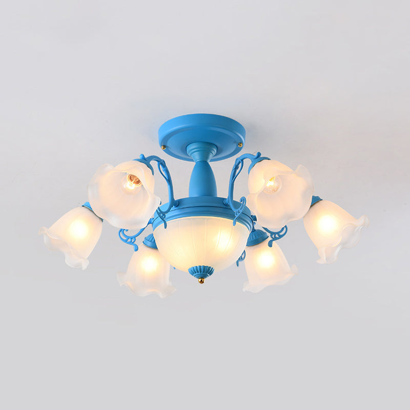 8/11-Head Semi Flush Chandelier Korean Garden Parlor Ceiling Light with Rotating Bell Frosted Glass Shade in Grey/Blue Clearhalo 'Ceiling Lights' 'Close To Ceiling Lights' 'Close to ceiling' 'Glass shade' 'Glass' 'Pendant Lights' 'Semi-flushmount' Lighting' 874581