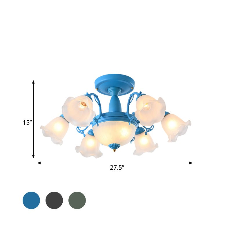 8/11-Head Semi Flush Chandelier Korean Garden Parlor Ceiling Light with Rotating Bell Frosted Glass Shade in Grey/Blue Clearhalo 'Ceiling Lights' 'Close To Ceiling Lights' 'Close to ceiling' 'Glass shade' 'Glass' 'Pendant Lights' 'Semi-flushmount' Lighting' 874582