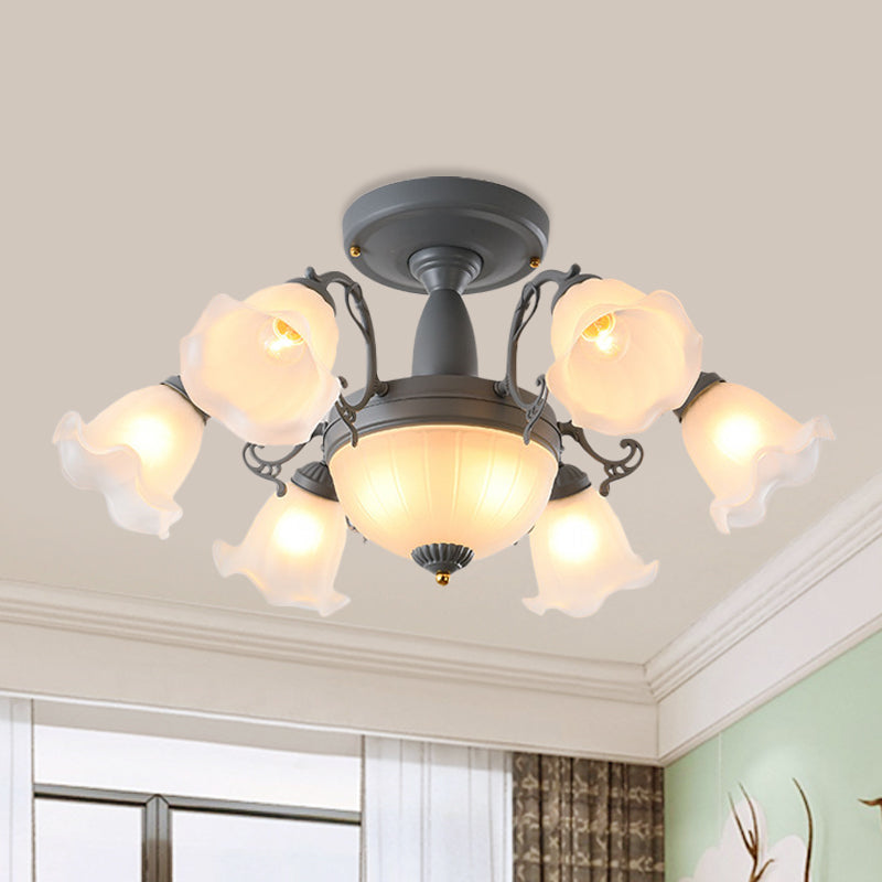 8/11-Head Semi Flush Chandelier Korean Garden Parlor Ceiling Light with Rotating Bell Frosted Glass Shade in Grey/Blue 8 Grey Clearhalo 'Ceiling Lights' 'Close To Ceiling Lights' 'Close to ceiling' 'Glass shade' 'Glass' 'Pendant Lights' 'Semi-flushmount' Lighting' 874583