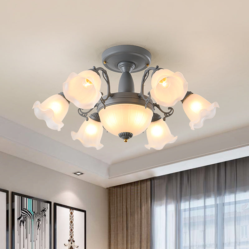 8/11-Head Semi Flush Chandelier Korean Garden Parlor Ceiling Light with Rotating Bell Frosted Glass Shade in Grey/Blue Clearhalo 'Ceiling Lights' 'Close To Ceiling Lights' 'Close to ceiling' 'Glass shade' 'Glass' 'Pendant Lights' 'Semi-flushmount' Lighting' 874584