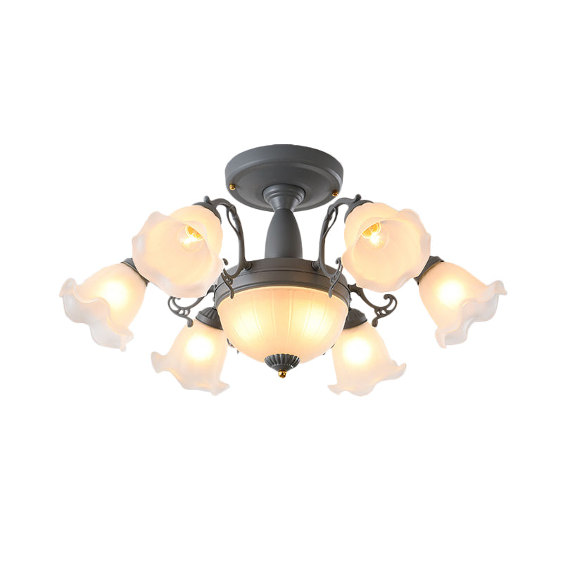 8/11-Head Semi Flush Chandelier Korean Garden Parlor Ceiling Light with Rotating Bell Frosted Glass Shade in Grey/Blue Clearhalo 'Ceiling Lights' 'Close To Ceiling Lights' 'Close to ceiling' 'Glass shade' 'Glass' 'Pendant Lights' 'Semi-flushmount' Lighting' 874585