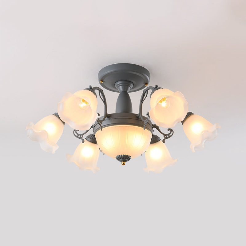 8/11-Head Semi Flush Chandelier Korean Garden Parlor Ceiling Light with Rotating Bell Frosted Glass Shade in Grey/Blue Clearhalo 'Ceiling Lights' 'Close To Ceiling Lights' 'Close to ceiling' 'Glass shade' 'Glass' 'Pendant Lights' 'Semi-flushmount' Lighting' 874586
