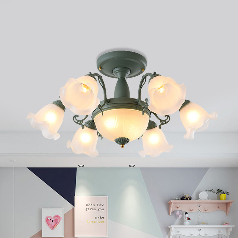 8/11-Head Semi Flush Chandelier Korean Garden Parlor Ceiling Light with Rotating Bell Frosted Glass Shade in Grey/Blue Clearhalo 'Ceiling Lights' 'Close To Ceiling Lights' 'Close to ceiling' 'Glass shade' 'Glass' 'Pendant Lights' 'Semi-flushmount' Lighting' 874588