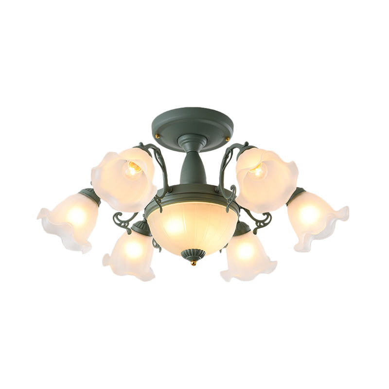 8/11-Head Semi Flush Chandelier Korean Garden Parlor Ceiling Light with Rotating Bell Frosted Glass Shade in Grey/Blue Clearhalo 'Ceiling Lights' 'Close To Ceiling Lights' 'Close to ceiling' 'Glass shade' 'Glass' 'Pendant Lights' 'Semi-flushmount' Lighting' 874589