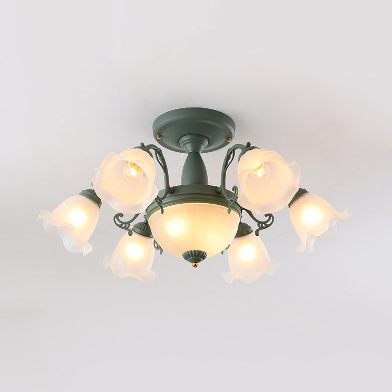 8/11-Head Semi Flush Chandelier Korean Garden Parlor Ceiling Light with Rotating Bell Frosted Glass Shade in Grey/Blue Clearhalo 'Ceiling Lights' 'Close To Ceiling Lights' 'Close to ceiling' 'Glass shade' 'Glass' 'Pendant Lights' 'Semi-flushmount' Lighting' 874590