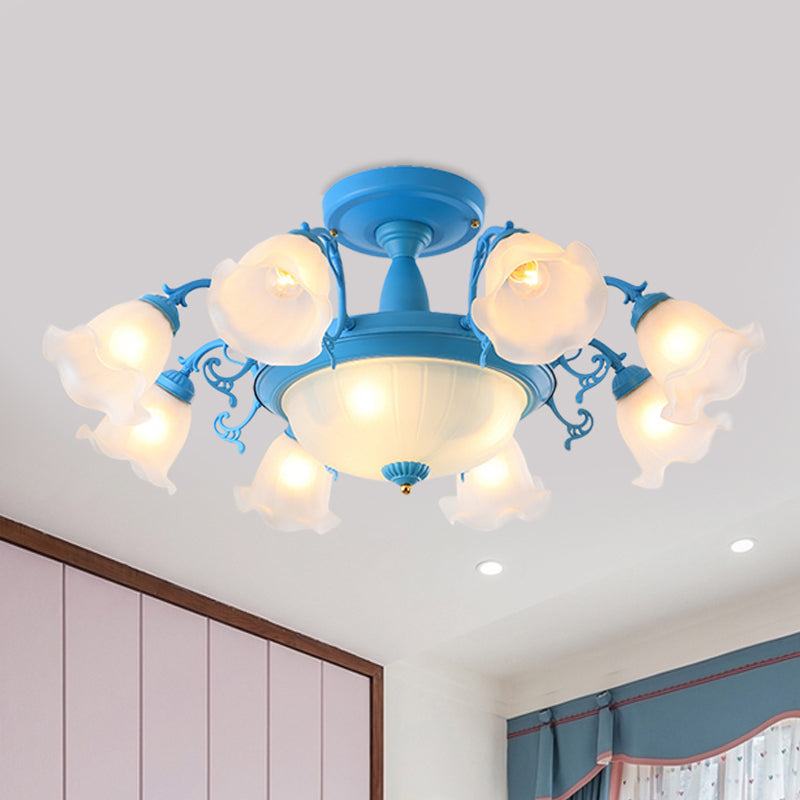 8/11-Head Semi Flush Chandelier Korean Garden Parlor Ceiling Light with Rotating Bell Frosted Glass Shade in Grey/Blue 11 Blue Clearhalo 'Ceiling Lights' 'Close To Ceiling Lights' 'Close to ceiling' 'Glass shade' 'Glass' 'Pendant Lights' 'Semi-flushmount' Lighting' 874591