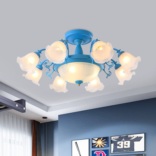 8/11-Head Semi Flush Chandelier Korean Garden Parlor Ceiling Light with Rotating Bell Frosted Glass Shade in Grey/Blue Clearhalo 'Ceiling Lights' 'Close To Ceiling Lights' 'Close to ceiling' 'Glass shade' 'Glass' 'Pendant Lights' 'Semi-flushmount' Lighting' 874592