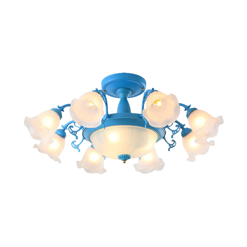 8/11-Head Semi Flush Chandelier Korean Garden Parlor Ceiling Light with Rotating Bell Frosted Glass Shade in Grey/Blue Clearhalo 'Ceiling Lights' 'Close To Ceiling Lights' 'Close to ceiling' 'Glass shade' 'Glass' 'Pendant Lights' 'Semi-flushmount' Lighting' 874593