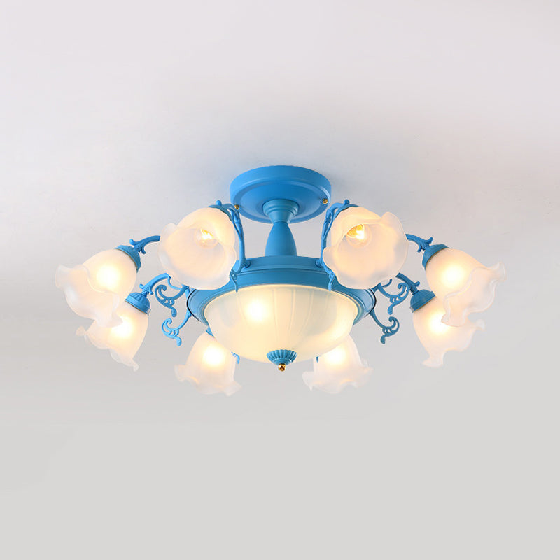 8/11-Head Semi Flush Chandelier Korean Garden Parlor Ceiling Light with Rotating Bell Frosted Glass Shade in Grey/Blue Clearhalo 'Ceiling Lights' 'Close To Ceiling Lights' 'Close to ceiling' 'Glass shade' 'Glass' 'Pendant Lights' 'Semi-flushmount' Lighting' 874594