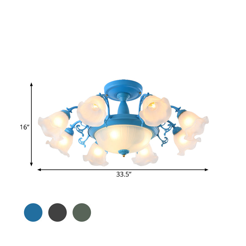 8/11-Head Semi Flush Chandelier Korean Garden Parlor Ceiling Light with Rotating Bell Frosted Glass Shade in Grey/Blue Clearhalo 'Ceiling Lights' 'Close To Ceiling Lights' 'Close to ceiling' 'Glass shade' 'Glass' 'Pendant Lights' 'Semi-flushmount' Lighting' 874595