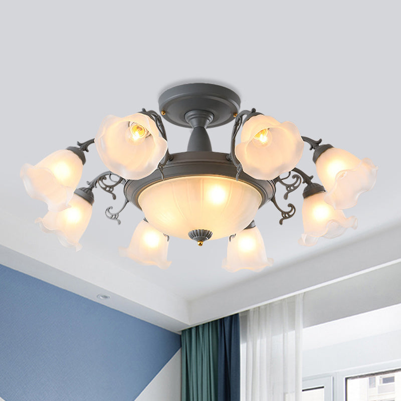 8/11-Head Semi Flush Chandelier Korean Garden Parlor Ceiling Light with Rotating Bell Frosted Glass Shade in Grey/Blue 11 Grey Clearhalo 'Ceiling Lights' 'Close To Ceiling Lights' 'Close to ceiling' 'Glass shade' 'Glass' 'Pendant Lights' 'Semi-flushmount' Lighting' 874596
