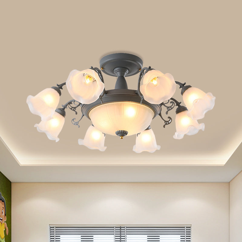 8/11-Head Semi Flush Chandelier Korean Garden Parlor Ceiling Light with Rotating Bell Frosted Glass Shade in Grey/Blue Clearhalo 'Ceiling Lights' 'Close To Ceiling Lights' 'Close to ceiling' 'Glass shade' 'Glass' 'Pendant Lights' 'Semi-flushmount' Lighting' 874597