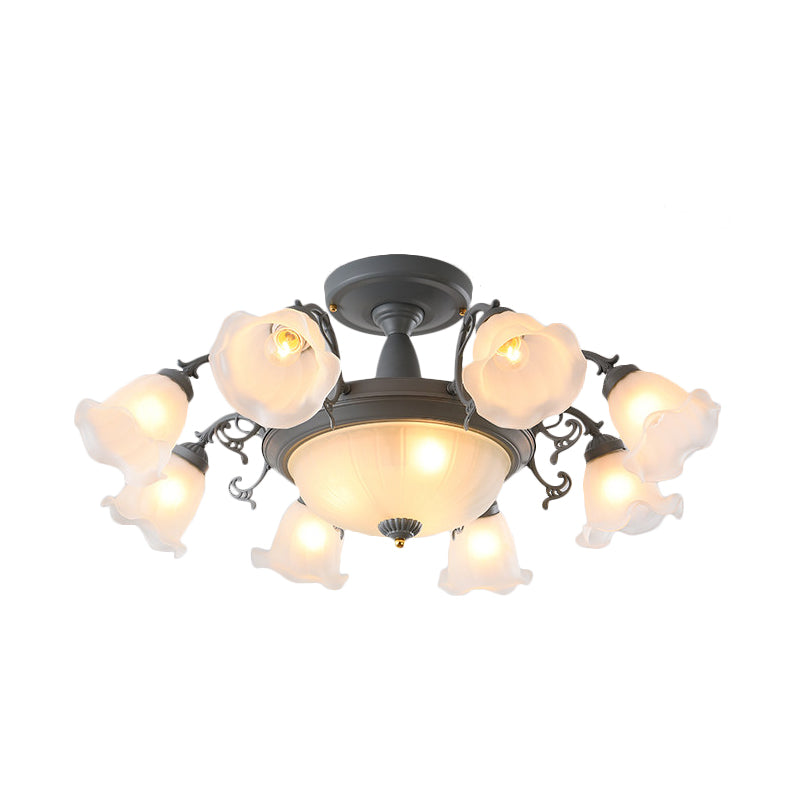 8/11-Head Semi Flush Chandelier Korean Garden Parlor Ceiling Light with Rotating Bell Frosted Glass Shade in Grey/Blue Clearhalo 'Ceiling Lights' 'Close To Ceiling Lights' 'Close to ceiling' 'Glass shade' 'Glass' 'Pendant Lights' 'Semi-flushmount' Lighting' 874598