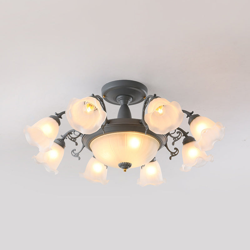 8/11-Head Semi Flush Chandelier Korean Garden Parlor Ceiling Light with Rotating Bell Frosted Glass Shade in Grey/Blue Clearhalo 'Ceiling Lights' 'Close To Ceiling Lights' 'Close to ceiling' 'Glass shade' 'Glass' 'Pendant Lights' 'Semi-flushmount' Lighting' 874599