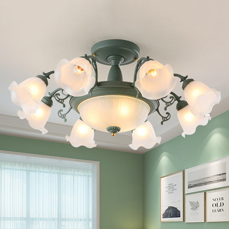 8/11-Head Semi Flush Chandelier Korean Garden Parlor Ceiling Light with Rotating Bell Frosted Glass Shade in Grey/Blue 11 Green Clearhalo 'Ceiling Lights' 'Close To Ceiling Lights' 'Close to ceiling' 'Glass shade' 'Glass' 'Pendant Lights' 'Semi-flushmount' Lighting' 874600
