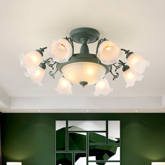 8/11-Head Semi Flush Chandelier Korean Garden Parlor Ceiling Light with Rotating Bell Frosted Glass Shade in Grey/Blue Clearhalo 'Ceiling Lights' 'Close To Ceiling Lights' 'Close to ceiling' 'Glass shade' 'Glass' 'Pendant Lights' 'Semi-flushmount' Lighting' 874601