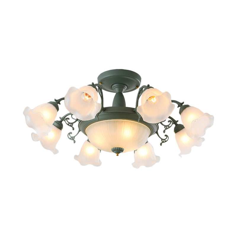 8/11-Head Semi Flush Chandelier Korean Garden Parlor Ceiling Light with Rotating Bell Frosted Glass Shade in Grey/Blue Clearhalo 'Ceiling Lights' 'Close To Ceiling Lights' 'Close to ceiling' 'Glass shade' 'Glass' 'Pendant Lights' 'Semi-flushmount' Lighting' 874602