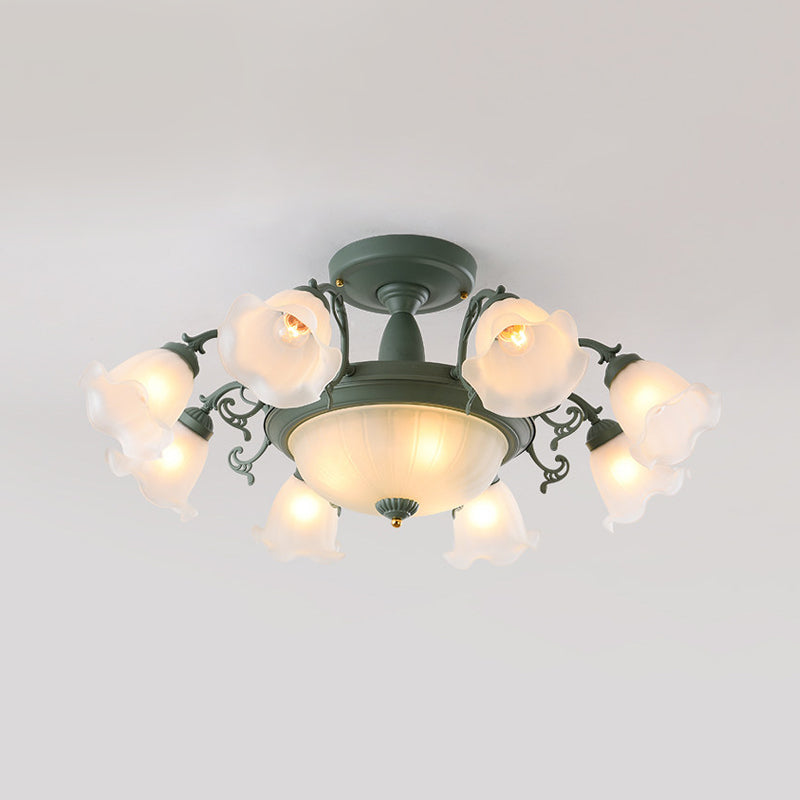 8/11-Head Semi Flush Chandelier Korean Garden Parlor Ceiling Light with Rotating Bell Frosted Glass Shade in Grey/Blue Clearhalo 'Ceiling Lights' 'Close To Ceiling Lights' 'Close to ceiling' 'Glass shade' 'Glass' 'Pendant Lights' 'Semi-flushmount' Lighting' 874603