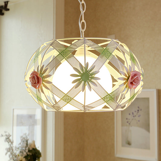 Pink/Blue Single Bulb Hanging Lamp Pastoral Iron Ribbon Strap Globe Pendant Light with Inner Dome Glass Shade Pink Clearhalo 'Ceiling Lights' 'Glass shade' 'Glass' 'Pendant Lights' 'Pendants' Lighting' 874604