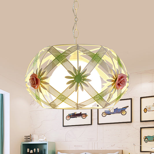 Pink/Blue Single Bulb Hanging Lamp Pastoral Iron Ribbon Strap Globe Pendant Light with Inner Dome Glass Shade Clearhalo 'Ceiling Lights' 'Glass shade' 'Glass' 'Pendant Lights' 'Pendants' Lighting' 874605