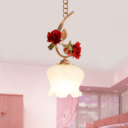 1 Bulb Down Lighting Pendant American Flower Lettuce-Edge Frosted Glass Suspension Lamp in Red White Clearhalo 'Ceiling Lights' 'Glass shade' 'Glass' 'Pendant Lights' 'Pendants' Lighting' 874611