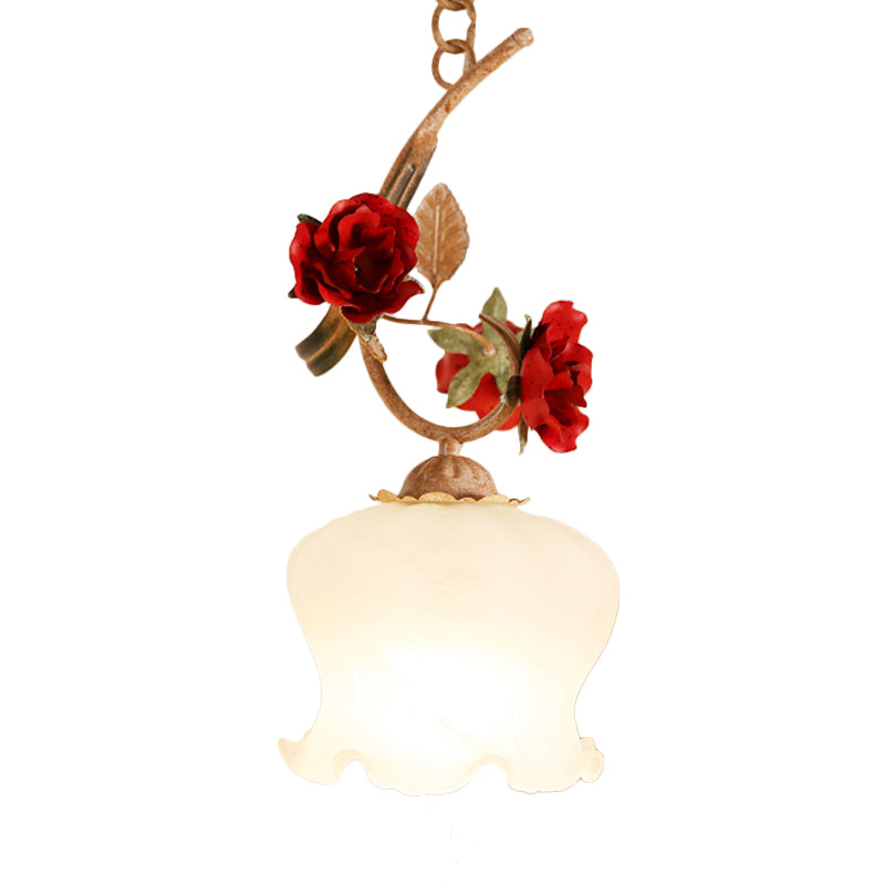 1 Bulb Down Lighting Pendant American Flower Lettuce-Edge Frosted Glass Suspension Lamp in Red Clearhalo 'Ceiling Lights' 'Glass shade' 'Glass' 'Pendant Lights' 'Pendants' Lighting' 874612
