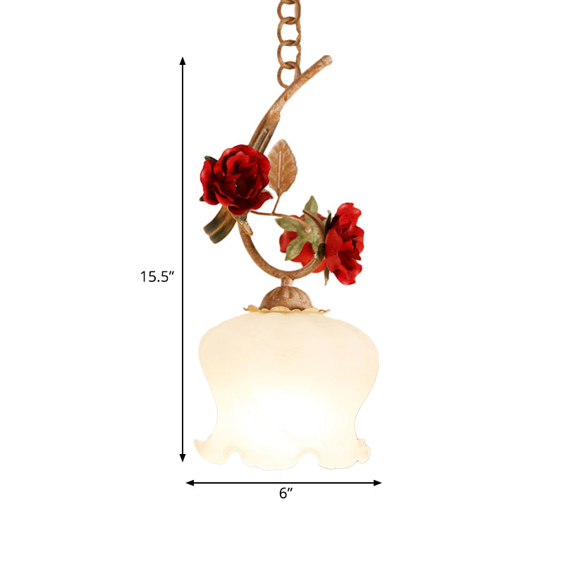 1 Bulb Down Lighting Pendant American Flower Lettuce-Edge Frosted Glass Suspension Lamp in Red Clearhalo 'Ceiling Lights' 'Glass shade' 'Glass' 'Pendant Lights' 'Pendants' Lighting' 874614
