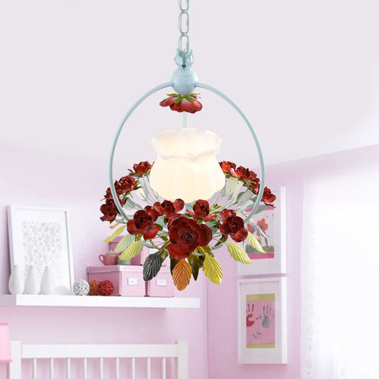 Floret Bedroom Pendulum Light Romantic Pastoral Opal Glass Single White and Red Pendant Lamp White Clearhalo 'Ceiling Lights' 'Close To Ceiling Lights' 'Glass shade' 'Glass' 'Pendant Lights' 'Pendants' Lighting' 874630
