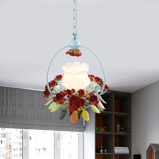 Floret Bedroom Pendulum Light Romantic Pastoral Opal Glass Single White and Red Pendant Lamp Clearhalo 'Ceiling Lights' 'Close To Ceiling Lights' 'Glass shade' 'Glass' 'Pendant Lights' 'Pendants' Lighting' 874631