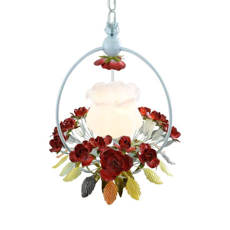 Floret Bedroom Pendulum Light Romantic Pastoral Opal Glass Single White and Red Pendant Lamp Clearhalo 'Ceiling Lights' 'Close To Ceiling Lights' 'Glass shade' 'Glass' 'Pendant Lights' 'Pendants' Lighting' 874632