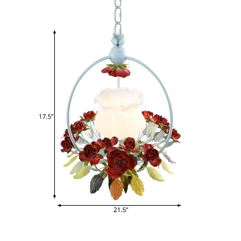 Floret Bedroom Pendulum Light Romantic Pastoral Opal Glass Single White and Red Pendant Lamp Clearhalo 'Ceiling Lights' 'Close To Ceiling Lights' 'Glass shade' 'Glass' 'Pendant Lights' 'Pendants' Lighting' 874633