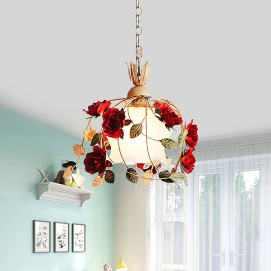 1 Head Frosted White Glass Drop Pendant Countryside Red Flowering Dining Table Hanging Light Kit Clearhalo 'Ceiling Lights' 'Close To Ceiling Lights' 'Glass shade' 'Glass' 'Pendant Lights' 'Pendants' Lighting' 874635