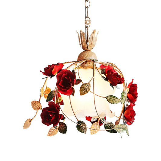 1 Head Frosted White Glass Drop Pendant Countryside Red Flowering Dining Table Hanging Light Kit Clearhalo 'Ceiling Lights' 'Close To Ceiling Lights' 'Glass shade' 'Glass' 'Pendant Lights' 'Pendants' Lighting' 874636