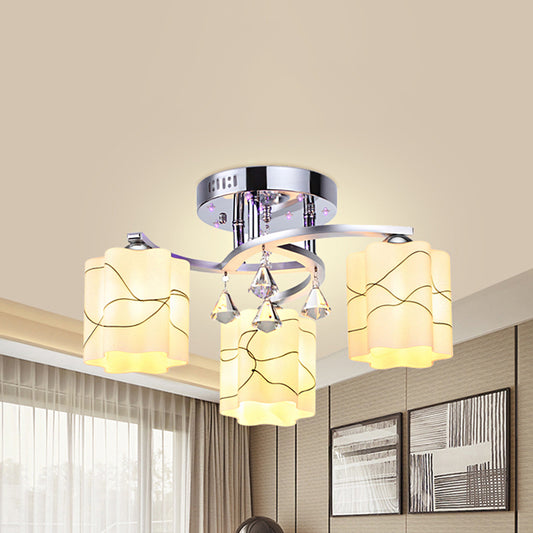 Chrome 3/5 Bulbs Ceiling Flush Simple Frosted Glass Scalloped Semi Flush Mount with Crystal Drop 3 Chrome Clearhalo 'Ceiling Lights' 'Close To Ceiling Lights' 'Close to ceiling' 'Semi-flushmount' Lighting' 874684