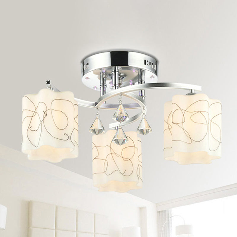 Chrome 3/5 Bulbs Ceiling Flush Simple Frosted Glass Scalloped Semi Flush Mount with Crystal Drop Clearhalo 'Ceiling Lights' 'Close To Ceiling Lights' 'Close to ceiling' 'Semi-flushmount' Lighting' 874685