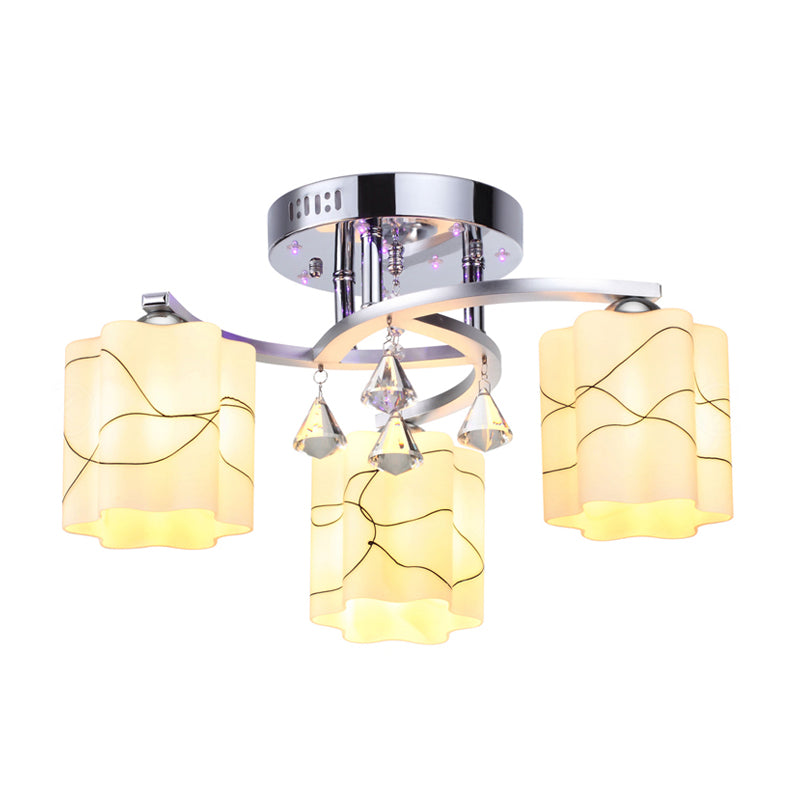 Chrome 3/5 Bulbs Ceiling Flush Simple Frosted Glass Scalloped Semi Flush Mount with Crystal Drop Clearhalo 'Ceiling Lights' 'Close To Ceiling Lights' 'Close to ceiling' 'Semi-flushmount' Lighting' 874686