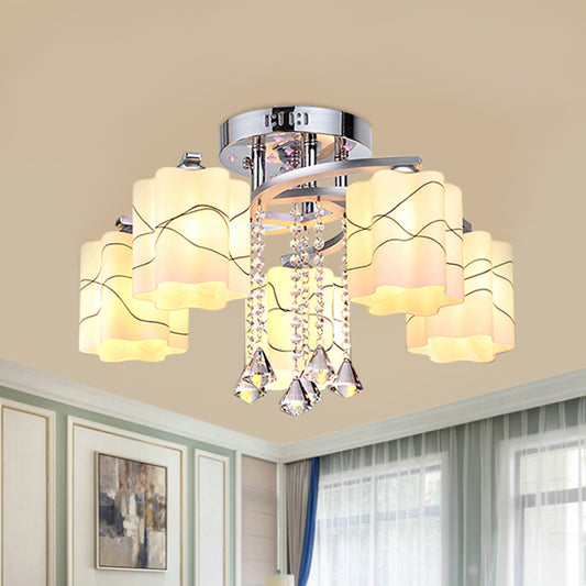 Chrome 3/5 Bulbs Ceiling Flush Simple Frosted Glass Scalloped Semi Flush Mount with Crystal Drop 5 Chrome Clearhalo 'Ceiling Lights' 'Close To Ceiling Lights' 'Close to ceiling' 'Semi-flushmount' Lighting' 874688